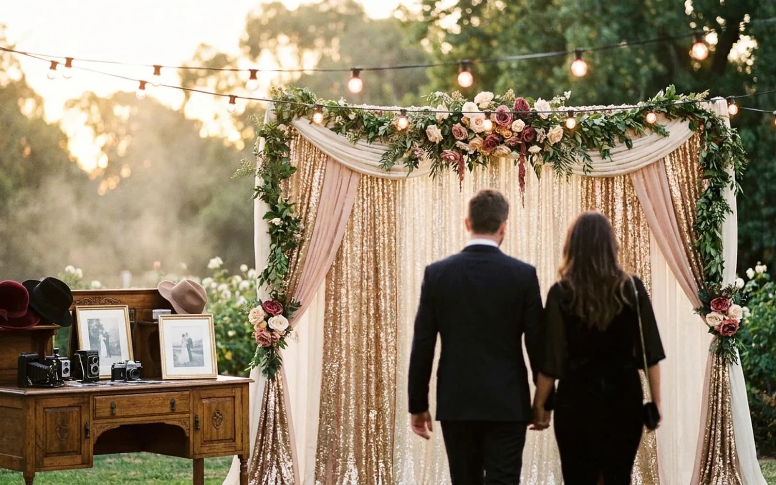 A glamorous wedding photo booth set up at an Adelaide reception at golden hour