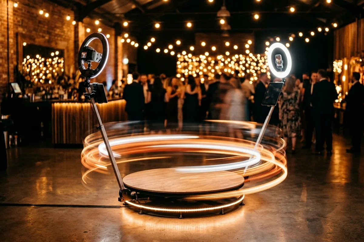 A 360 platform photo booth mid-spin with warm light trails