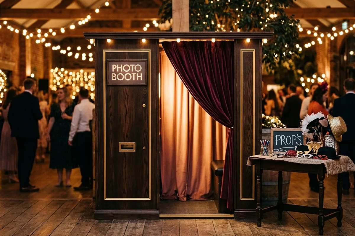 A classic enclosed curtained photo booth glowing warmly in a venue