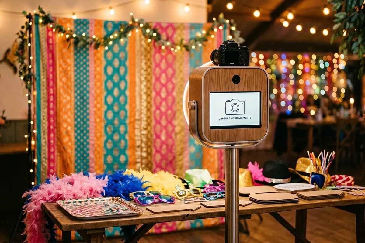 A GIF and video photo booth setup with a fun backdrop and props