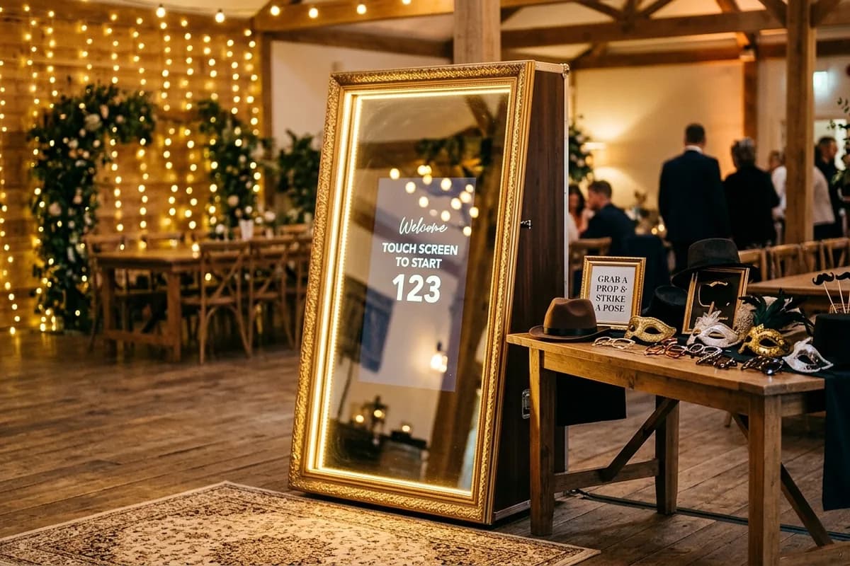 A full-length mirror photo booth warmly lit and ready at an Adelaide venue