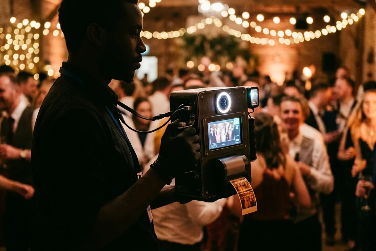 A roaming handheld photo booth held by an attendant in silhouette at a party